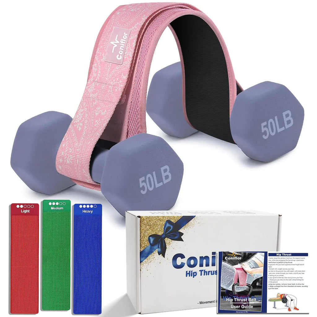 Coniflor Hip Thrust Belt with 3 Resistance Bands - Adjustable Fitness Belt for Dumbbells Kettlebells Plates - Support Up to 100 lbs - for Glute Workouts at Home Gym - Gifts Ideas for Women Pink